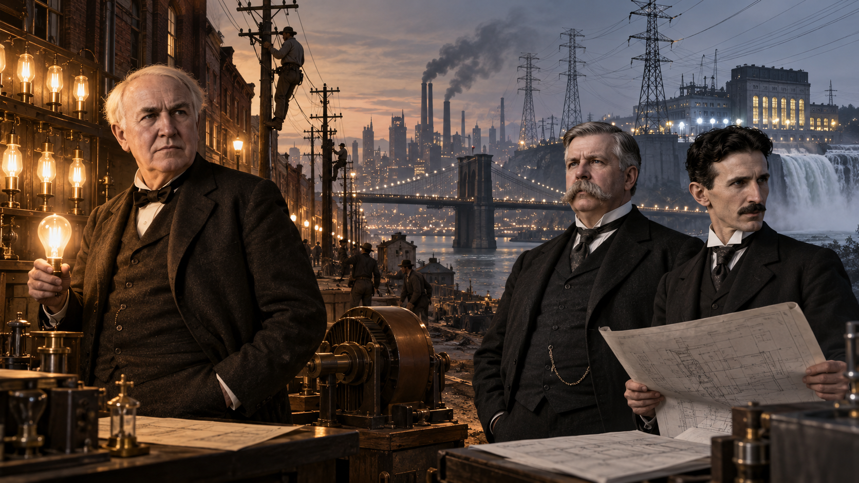Composición editorial de Thomas Edison, George Westinghouse y Nikola Tesla durante la guerra de las corrientes.