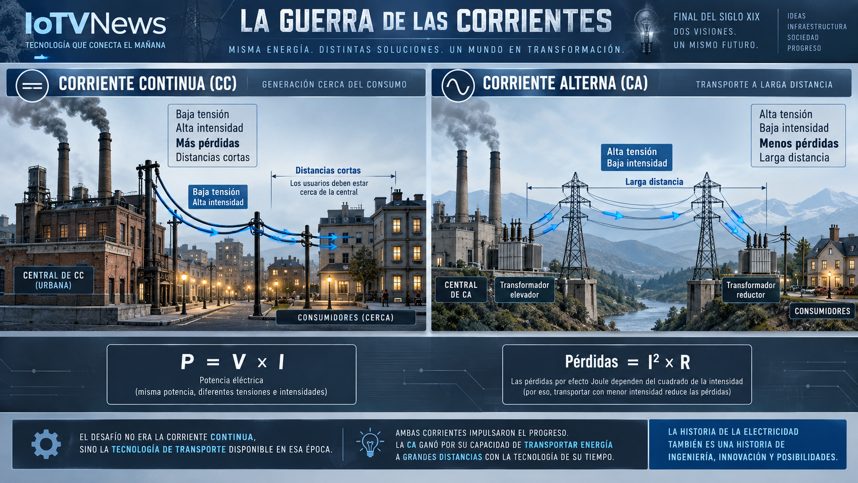 Infografía comparativa entre corriente continua y corriente alterna en la guerra de las corrientes, con fórmulas de potencia y pérdidas.