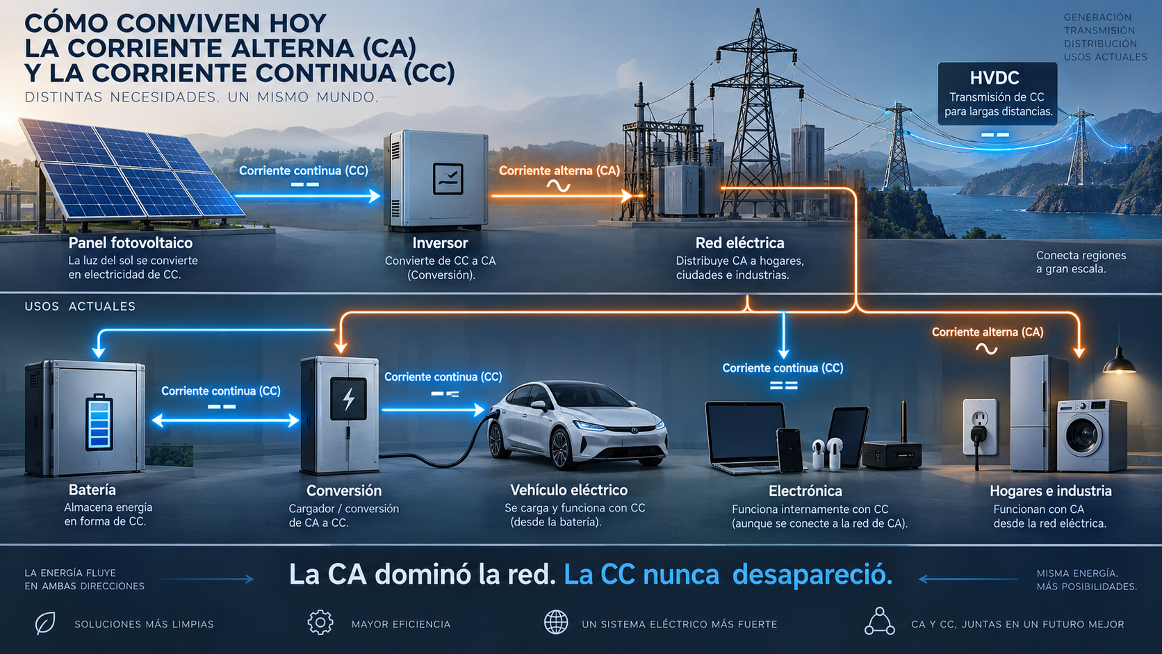 Infografía sobre cómo conviven hoy la corriente alterna y la corriente continua en fotovoltaica, baterías, red eléctrica, electrónica, vehículos eléctricos y HVDC.