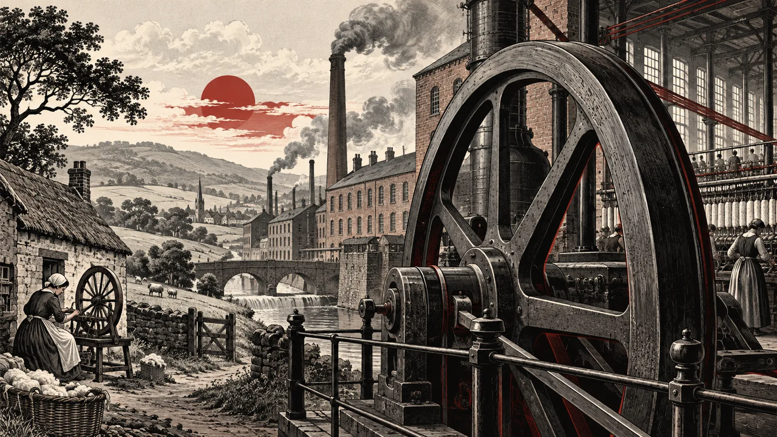 Ilustración conceptual generada: rueda de una máquina de vapor, fábrica textil y paisaje rural.