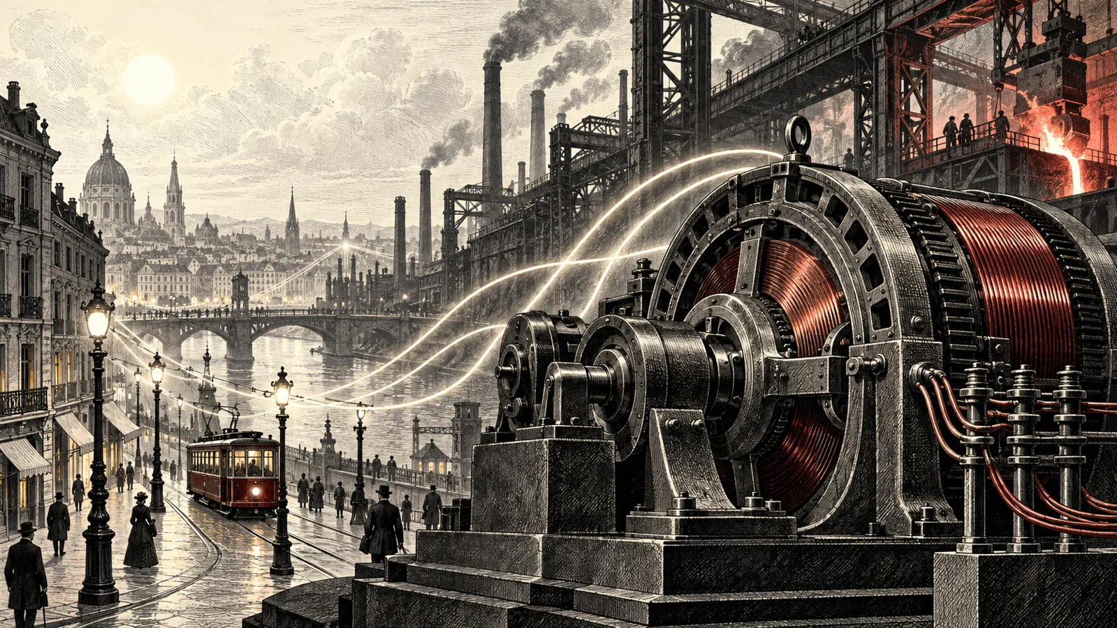 Ilustración conceptual generada: generador eléctrico, industria siderúrgica y ciudad con tranvía.